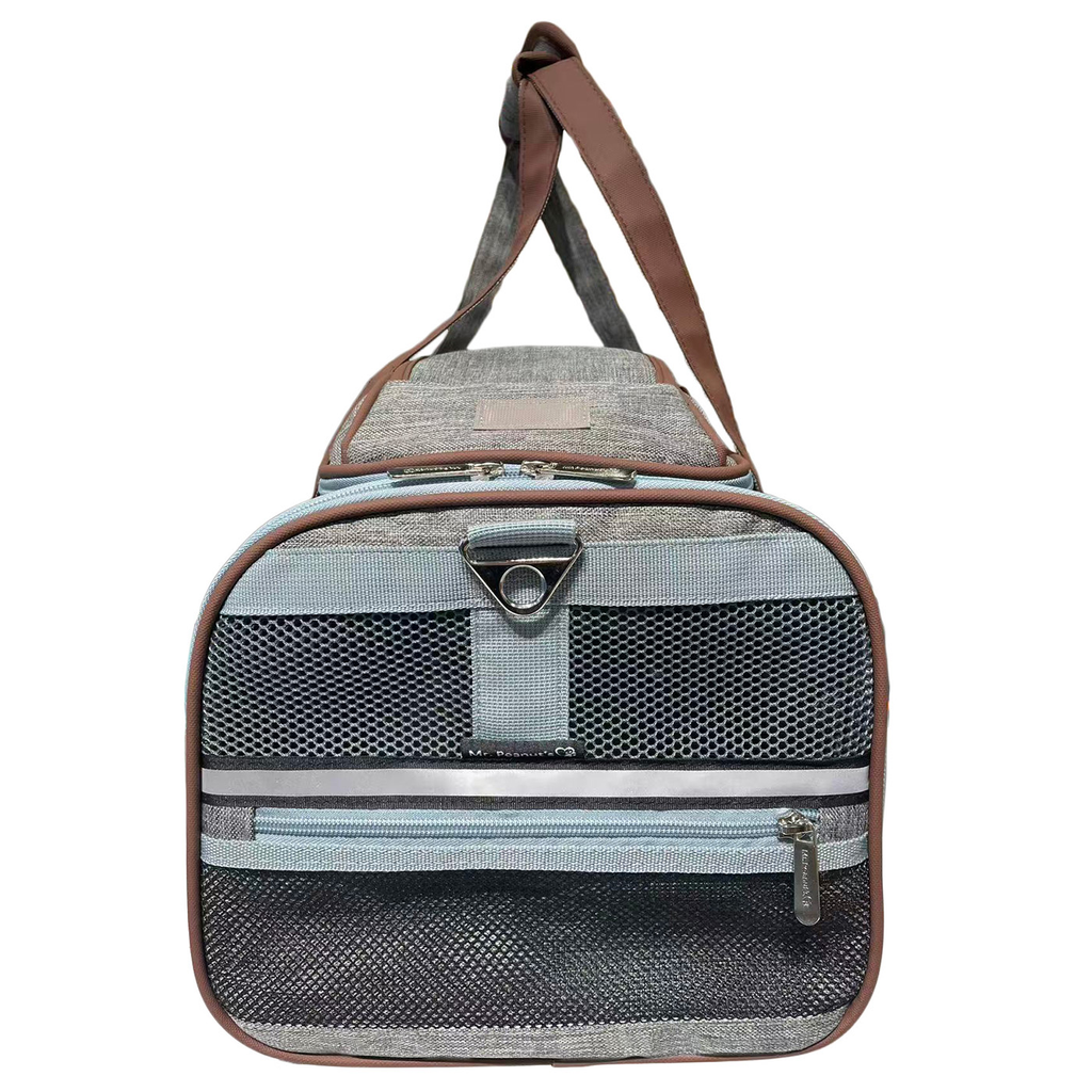 A gray and black mesh pet carrier bag with brown trim and a brown shoulder strap, shown against a plain white background.