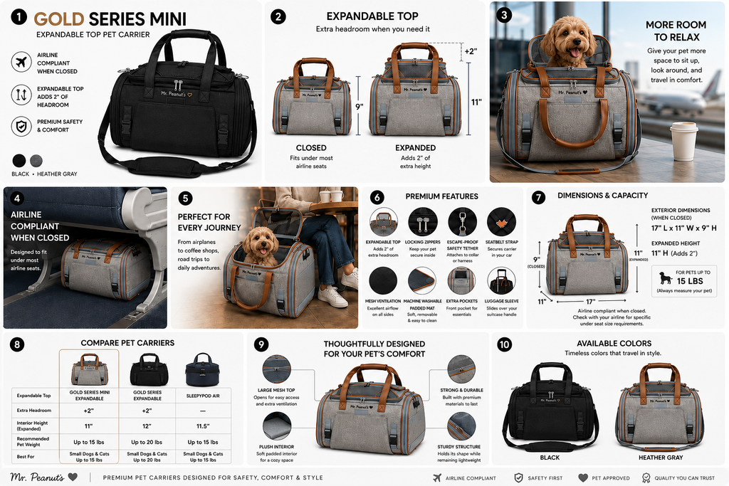 Gold Series Mini pet carrier with features and specifications on a white background