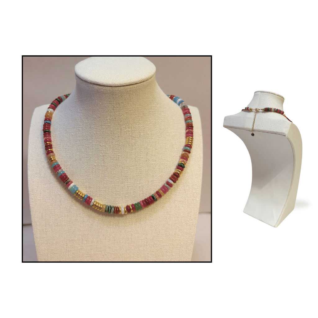 Colorful beaded necklace on a mannequin bust with a close-up of the necklace.
