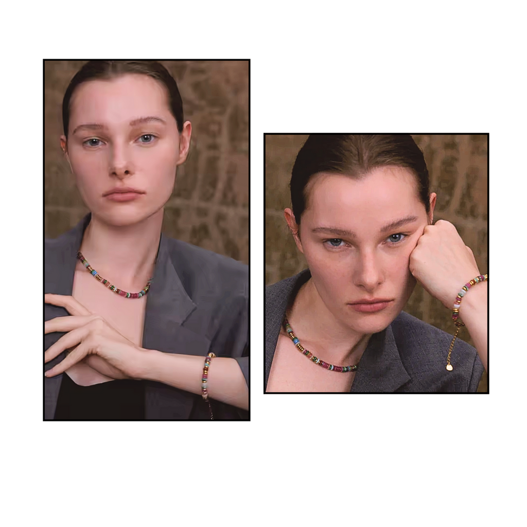 Two portraits of a woman wearing a trendy boho chic necklace and bracelet against a textured wall.
