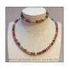 Colorful beaded necklace on a mannequin with text about matching bracelet availability.