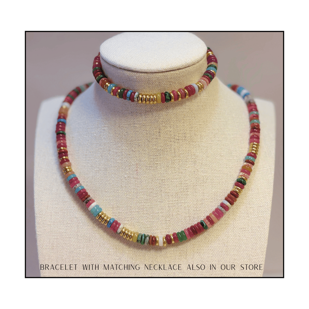 Colorful beaded necklace on a mannequin with text about matching bracelet availability.