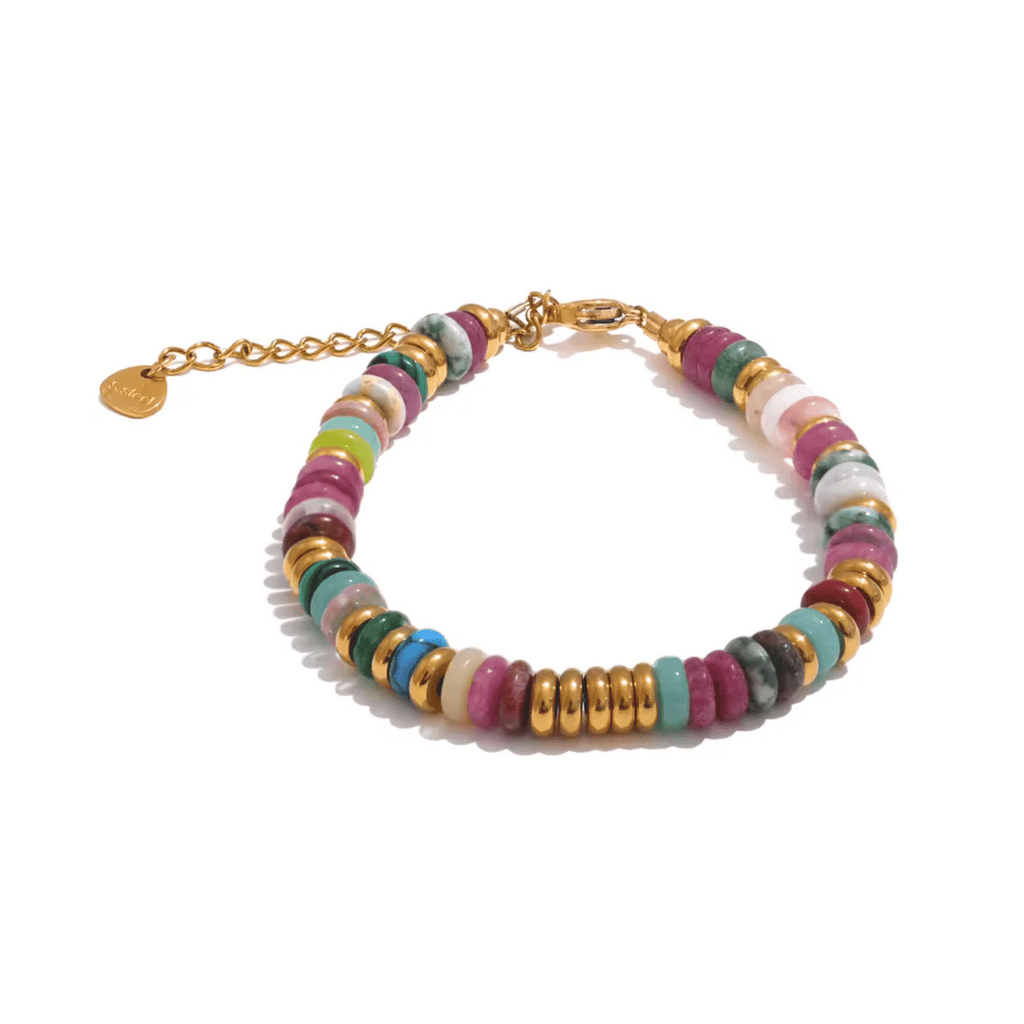 Multicolored beaded bracelet with gold accents and purple blue green tones
