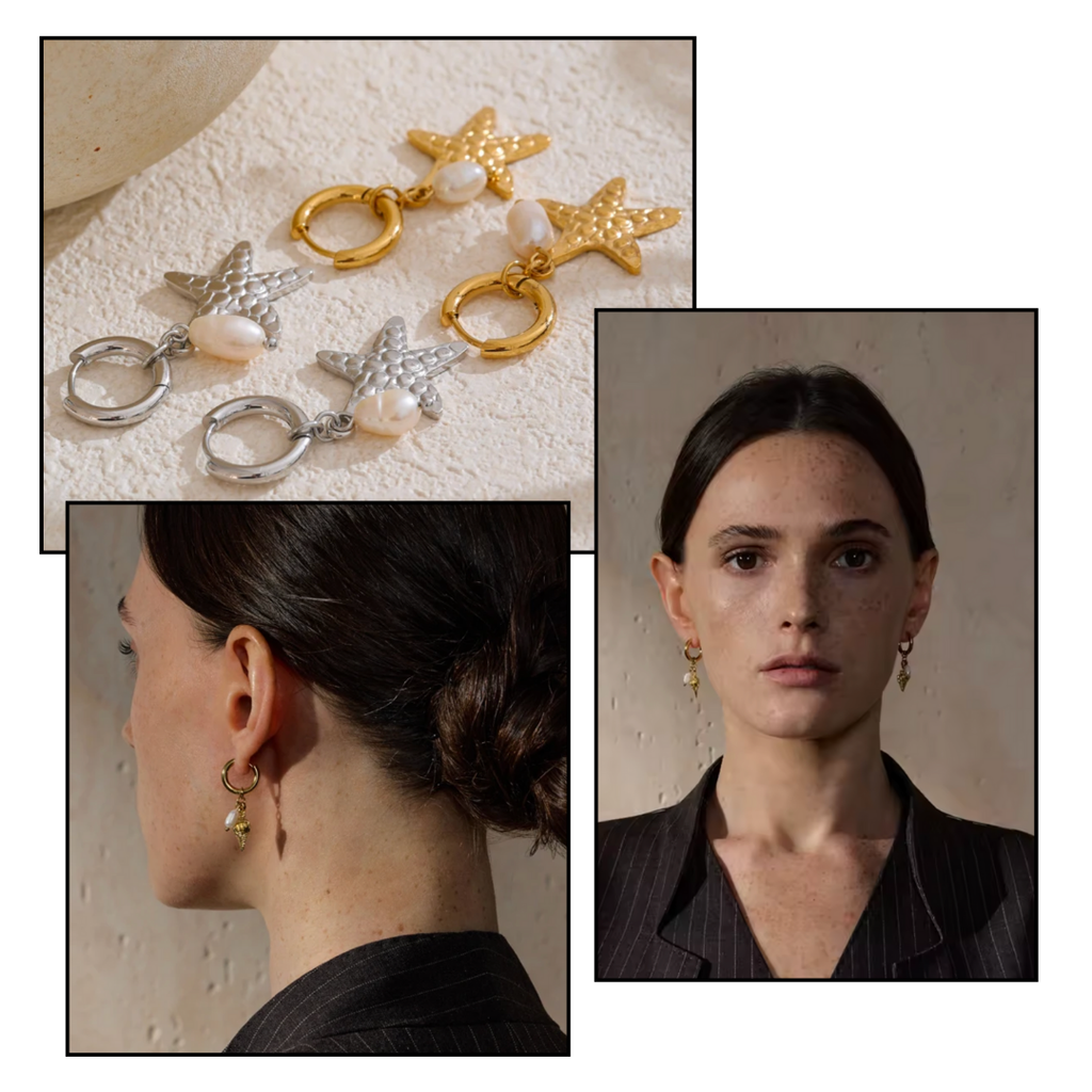 Starfish-shaped earrings displayed on a textured surface with close-up shots of a person wearing them.