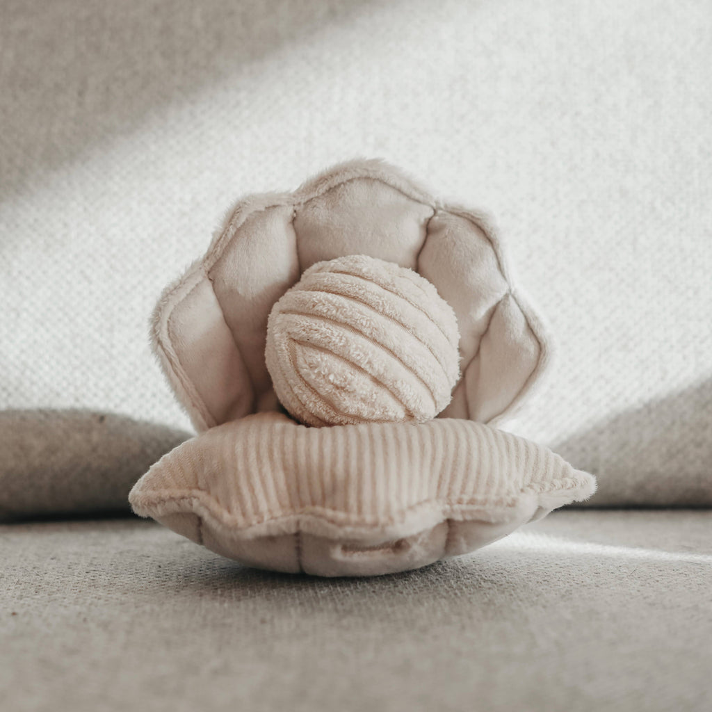Unique sensory dog toy in the shape of an oyster with ball in the middle. 