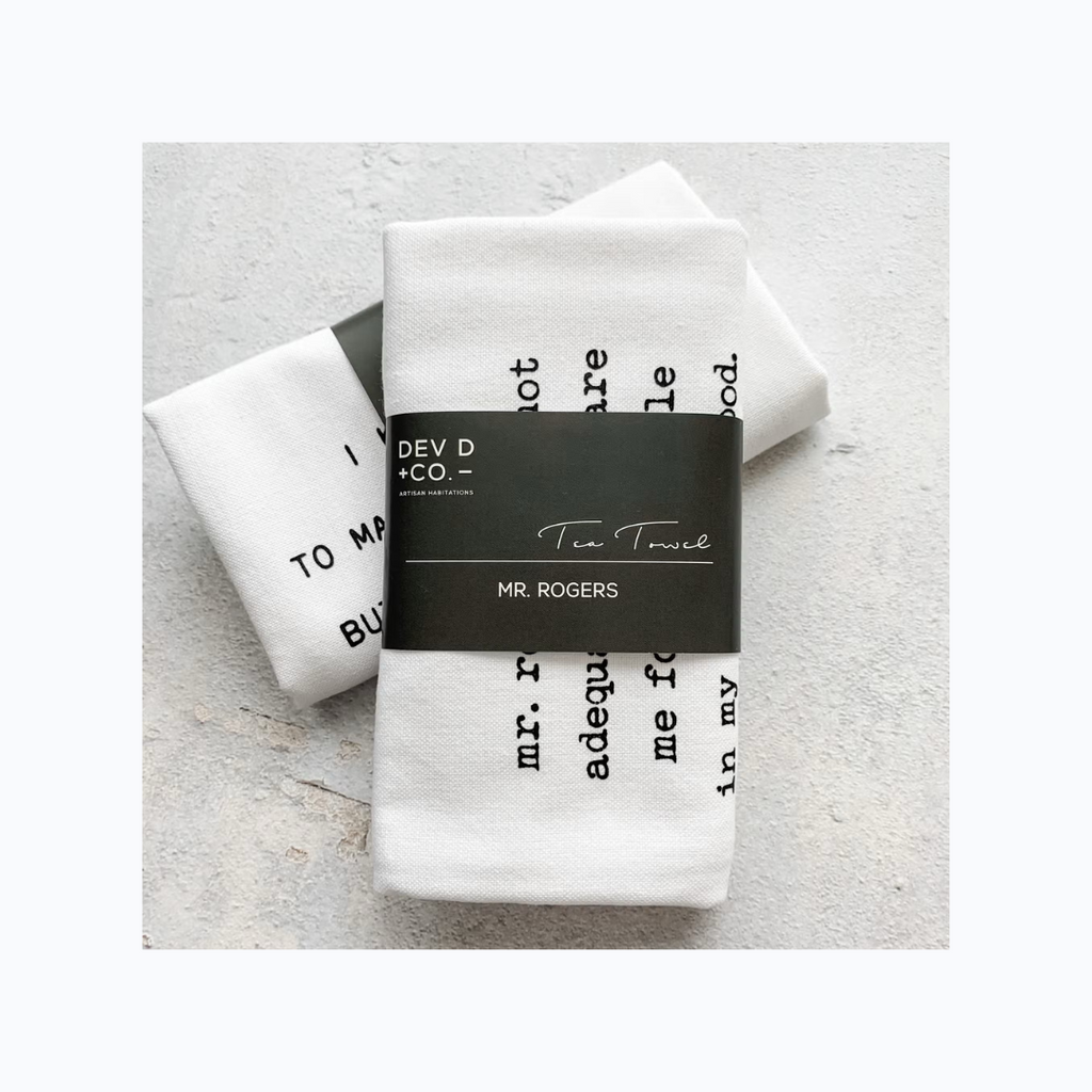 Premium Artisan Tea Towel. The towels are Eco-Friendly, 100% Cotton, heavy weight fabric with reinforced seams and hanging loop. Measures 20x28" White with black text that highlights any decor - Machine washable and fade resistant - Individually wrapped in a minimalist band with towel name. Modern meets Shabby Chic Great Hostess Gift Great Holiday Gift