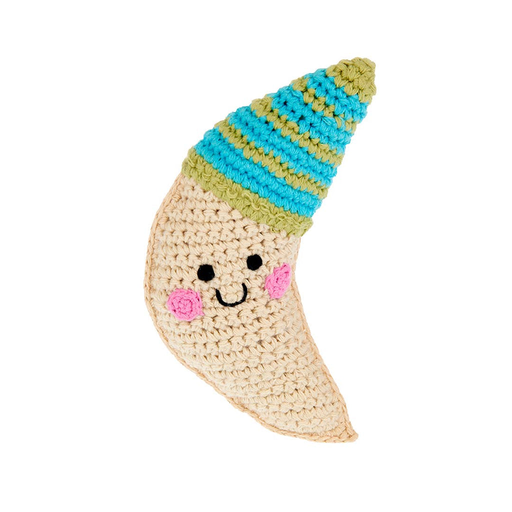 Crocheted moon character with a striped hat on a white background for the good night moon perfect baby gift