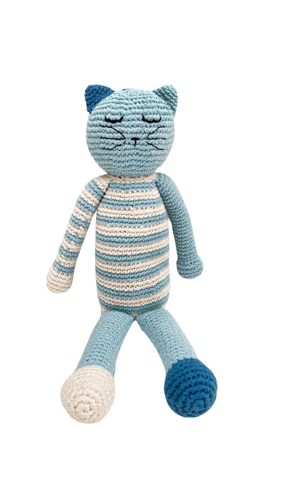 Knitted cat toy with blue and white striped body that is included in the perfect goodnight moon gift set