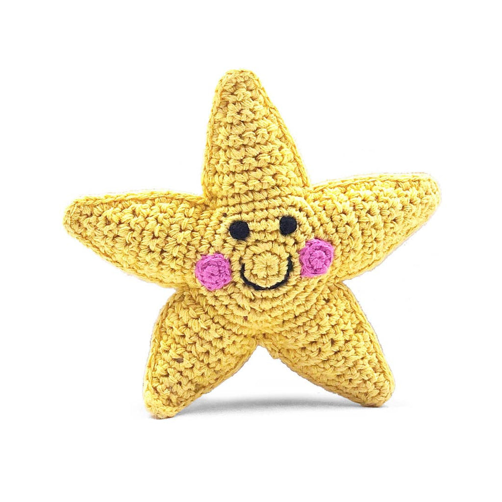 Crocheted yellow star with a smiley face that goes with the the perfect good night moon gift set.