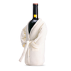 Wine bottle wrapped in a white robe on a white background