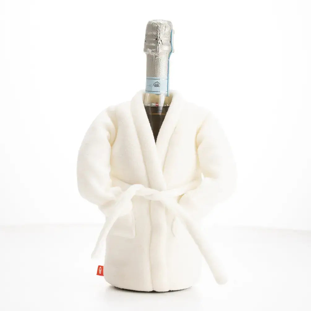 Bottle of champagne in a white robe for a great gift for wine lovers.