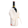 Wine bottle wrapped in a white robe-like garment for a great gift for wine lovers