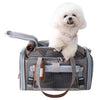 A small fluffy white dog sits on top of a gray pet carrier bag with mesh panels, brown handles, and light blue trim, photographed on a plain white background.
