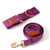 Purple dog leash with gold hardware on a white background