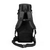 Black backpack with multiple straps on a white background