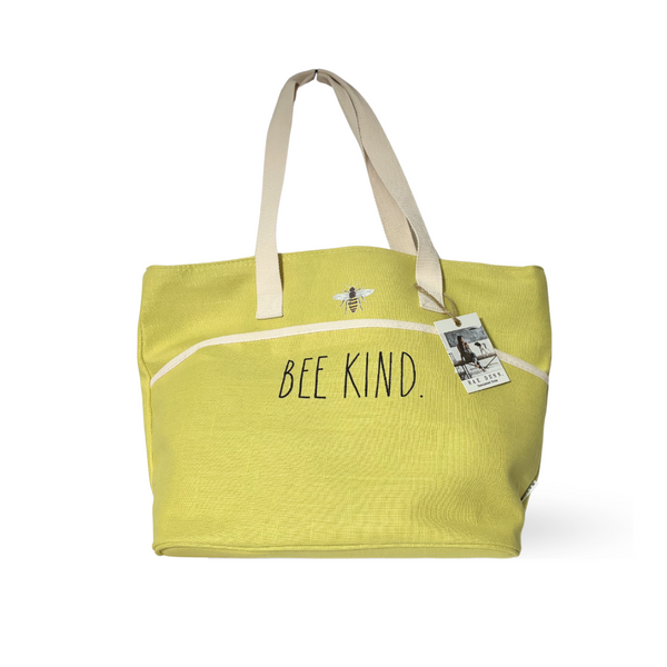 Take your Rae Dunn Cooler Tote - with its linen exterior, zip closure, and insulated lining - for any vacation, beach day, barbecue, picnic or gathering! Conveniently store your food and drinks with its 10L capacity and front pocket, plus, it's adorned with embroidered words 'Bee Kind' - perfect gift idea!