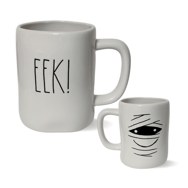 Get into the spooky spirit with this double-sided Rae Dunn EEK! mug featuring a charming mummy design on the back and Rae Dunn's classic artisan writing. Cute mummy mug