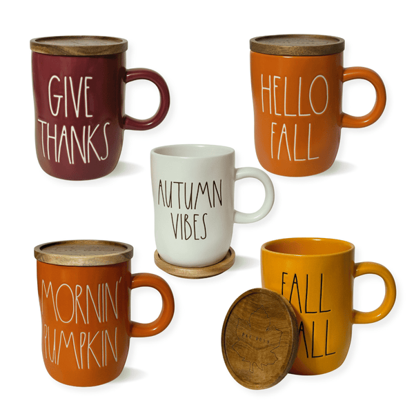 Cute Fall Mugs, Rae Dunn Fall Coffee Mugs, Coffee Mug with Wood Top Wood coasters, Fall Coffee mugs, Give thanks coffee mug, rae dunn hellow fall, rae dunn autumn vibes, rae dunn mornin pumpkin, rae dunn fall y'all, cute rae dunn fall mugs