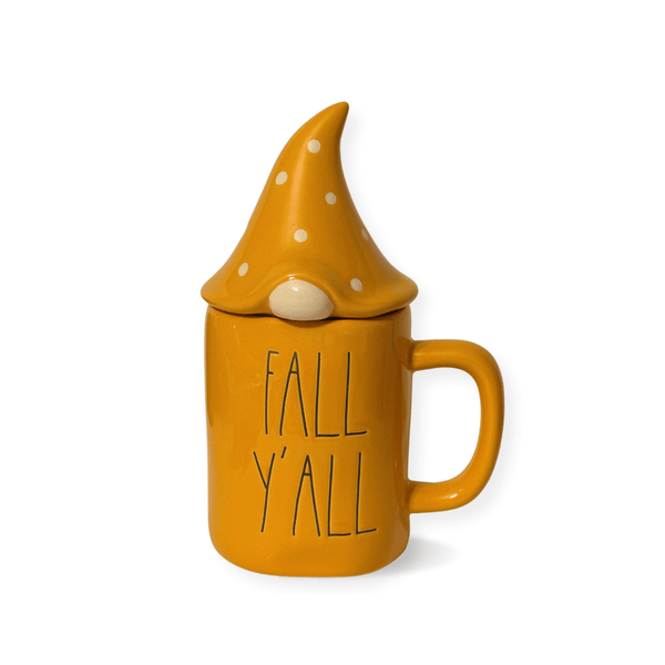 Rae Dunn Fall Y'all Gnome Mug complete with a polka dotted gnome top. &nbsp;Add a touch of whimsy to your coffee or use it as a unique decor piece. &nbsp;Also a fabulous gift/hostess gift idea