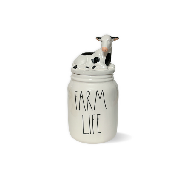 Rae Dunn Farm Life Canister with Cow Topper | Farmhouse Cow Canister