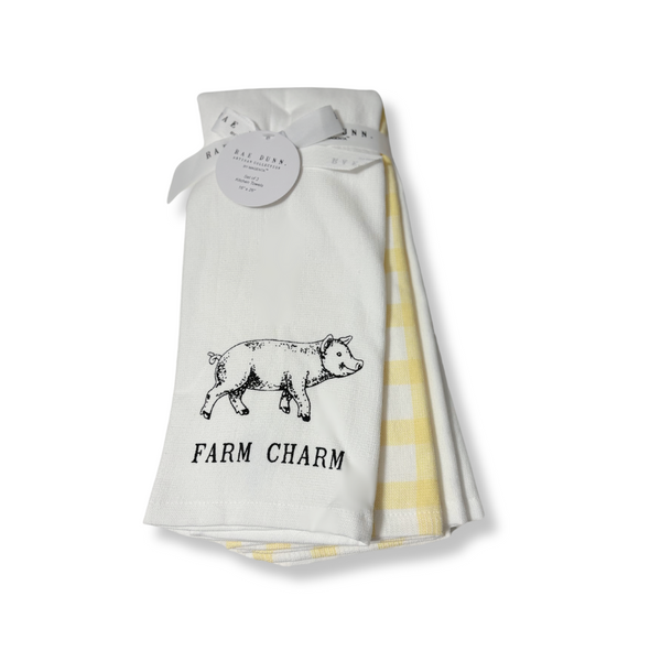 Rae Dunn Farmhouse Kitchen Towels Farmline Farm Charm Pig White/Yellow (Set of 3)
