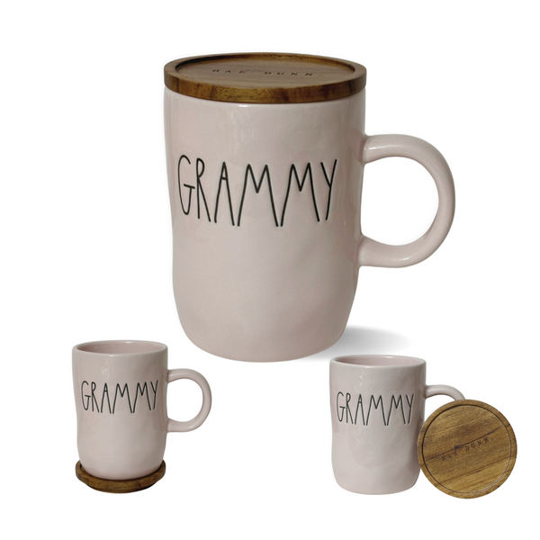 Grammy Gift, Grammy Mug | Rae Dunn Pink Grammy Mug with Wood Top/Coaster