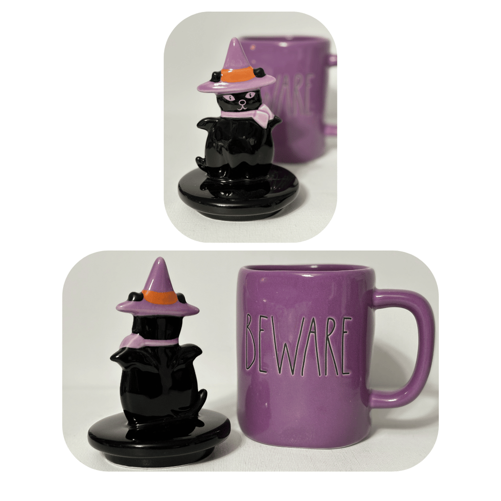 Beware Halloween Cat Mug;Add some spooktacular charm to your Halloween display with this delightfully whimsical Rae Dunn Beware mug, complete with a charming feline donning a witch's hat and scarf. Perfect for cat enthusiasts and witchy ones alike. Stands at 9.25"Tall - makes a fantastic decorative accent or present