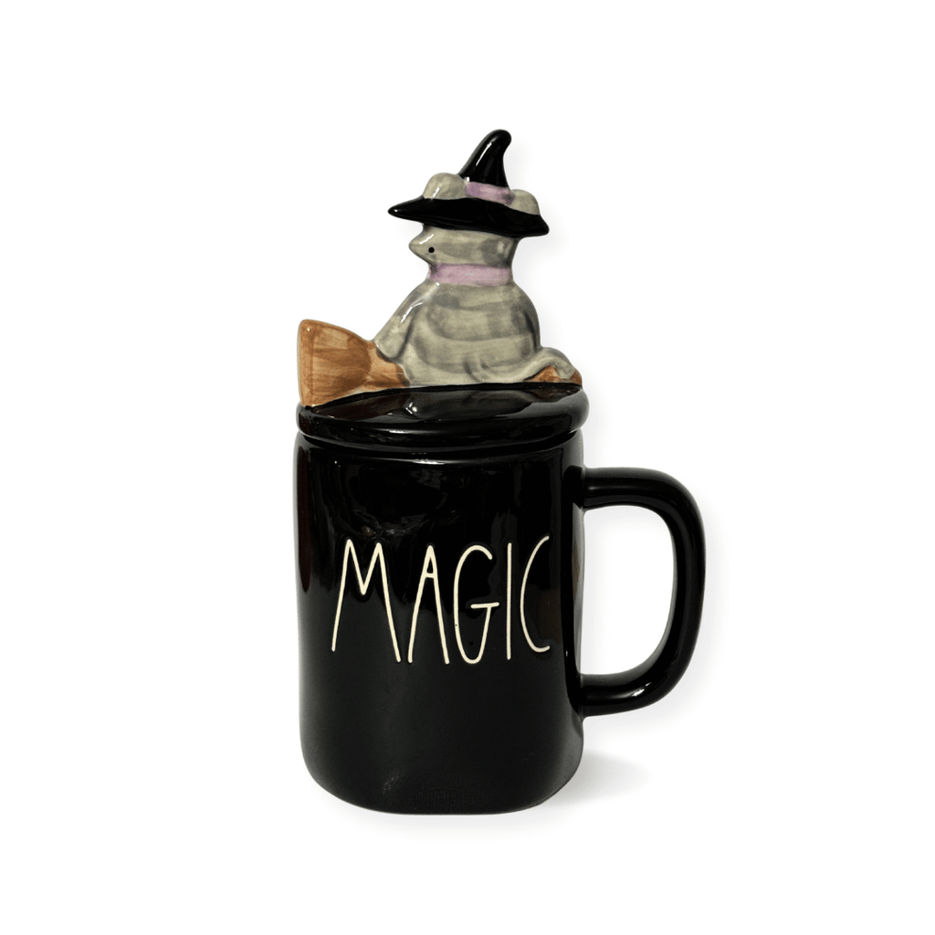 Cute Gift Ideas; Cute Cat Lover Gifts;Add some spooktacular charm to your Halloween display with this delightfully whimsical Rae Dunn Magic mug, complete with a witchy grey cat. &nbsp; Perfect for cat enthusiasts and witchy ones alike. Stands at 8.5"Tall - makes a fantastic decorative accent or present.