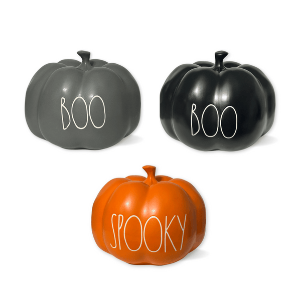 Rae Dunn Ceramic Halloween Pumpkins, Ceramic pumpkin decorations, farmhouse halloween ideas, pumpkin door stopper.  Cute stoneware pumpkins for halloween.