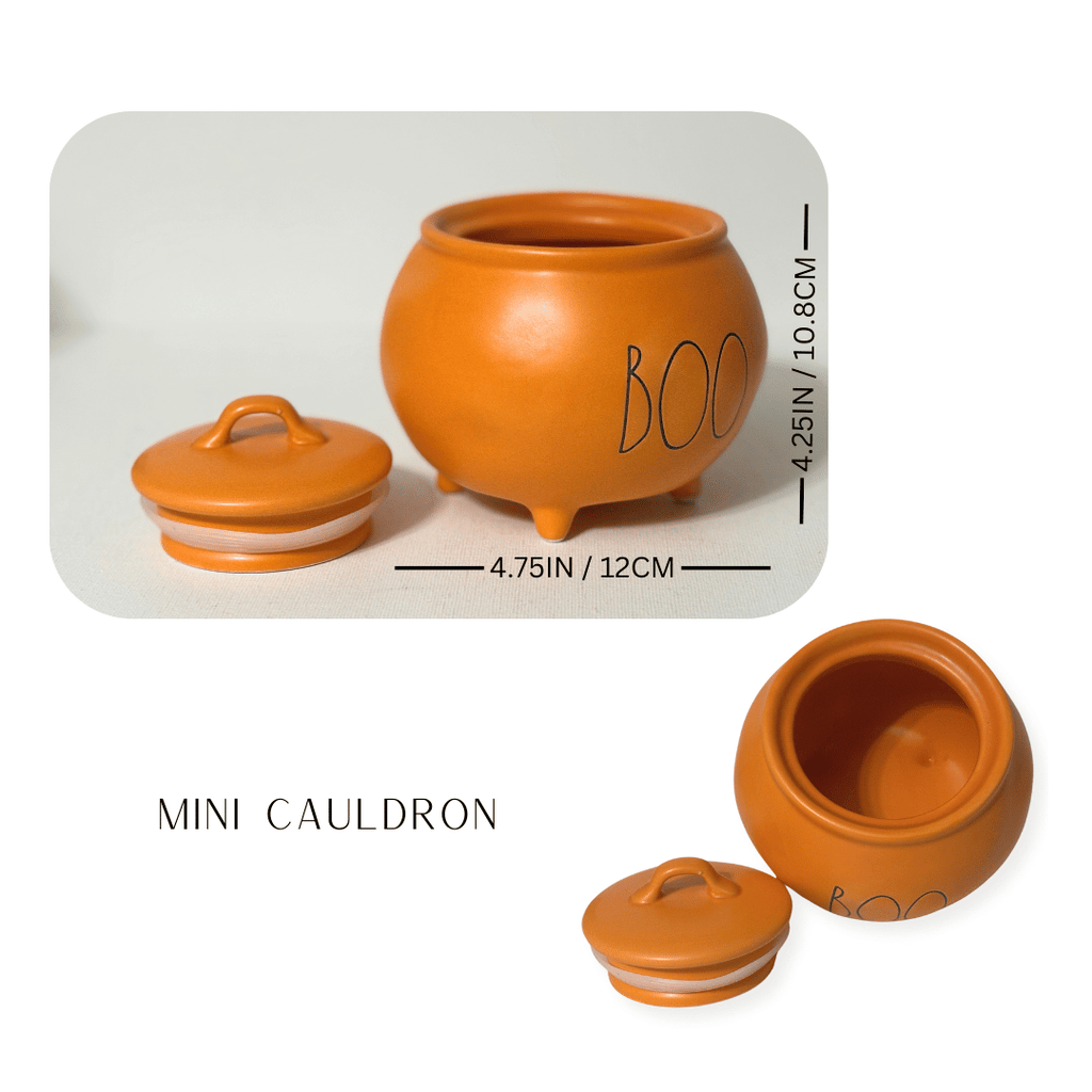adorable Rae Dunn mini boo cauldron canister in orange. &nbsp;This mini stoneware cauldron features a removable sealed lid and is perfect for stepping up your whimsy halloween decor. &nbsp;Also cute gift idea or hostess gift filled with some spooky candy.