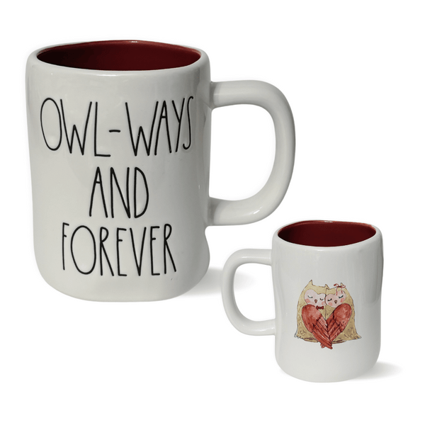 Rae Dunn Owl-ways and Forever mug! Adorned with Rae Dunn's signature lettering on one side and two sweet owls forming a heart on the other, this mug is a must-have for any owl lover. Perfect for sipping your favorite coffee, this mug will make every morning a joyful celebration of love.