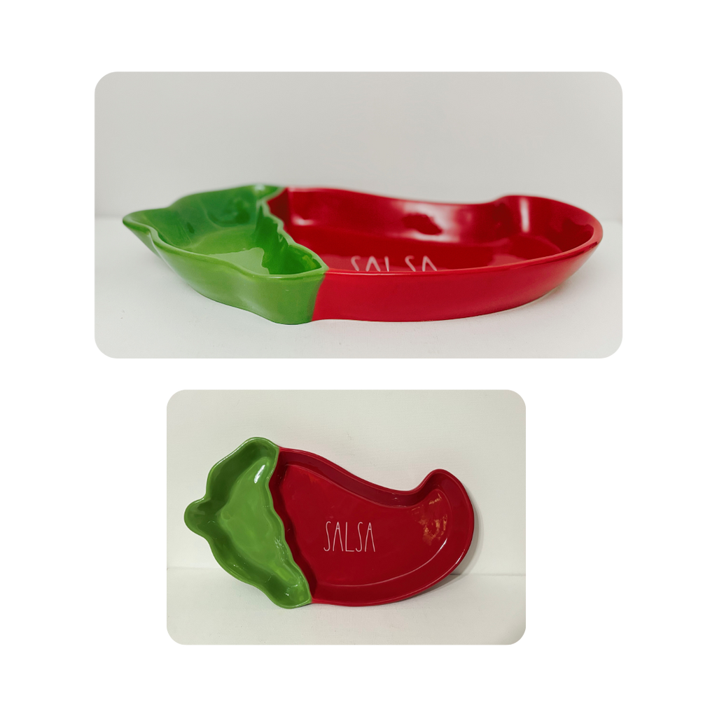 Rae Dunn 2 sided platter/bowl Salsa Rae Dunn red Pepper Salsa - Indulge in the stunning (and we think stunning) hand-painted design of the Rae Dunn x Magenta Artisan collection. This durable stoneware showcases a vibrant red pepper and classic "Salsa" writing, with plenty of space for your favorite chips on one side and a generous amount of salsa on the other. Elevate your serving game with this charming and functional ceramic serving dish.