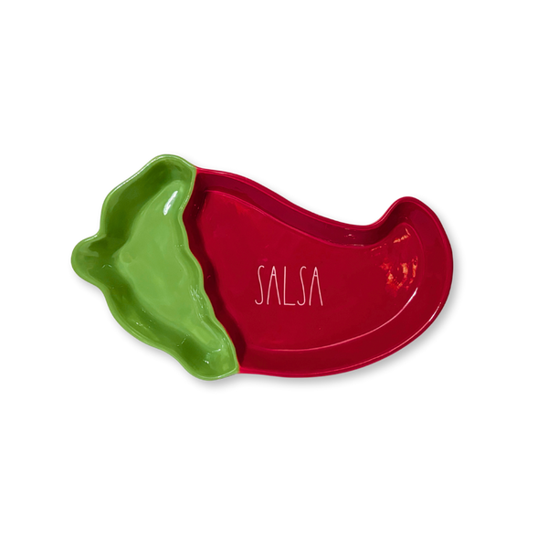 Rae Dunn 2 sided platter/bowl Salsa Rae Dunn red Pepper Salsa - Indulge in the stunning (and we think stunning) hand-painted design of the Rae Dunn x Magenta Artisan collection. This durable stoneware showcases a vibrant red pepper and classic "Salsa" writing, with plenty of space for your favorite chips on one side and a generous amount of salsa on the other. Elevate your serving game with this charming and functional ceramic serving dish.