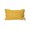 Rae Dunn Embroidered "Family" Throw Pillow. &nbsp;Measures 14" x 22" with 2 ties on the sides and pop of design with stripped sides.  Farmhouse style yellow family pillow.  Shabby chic family throw pillow. 