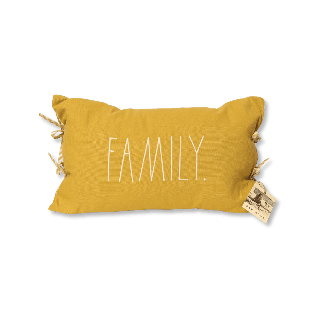 Rae Dunn Embroidered "Family" Throw Pillow. &nbsp;Measures 14" x 22" with 2 ties on the sides and pop of design with stripped sides.  Farmhouse style yellow family pillow.  Shabby chic family throw pillow. 