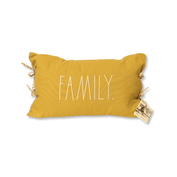 Rae Dunn Embroidered "Family" Throw Pillow. &nbsp;Measures 14" x 22" with 2 ties on the sides and pop of design with stripped sides.  Farmhouse style yellow family pillow.  Shabby chic family throw pillow. 