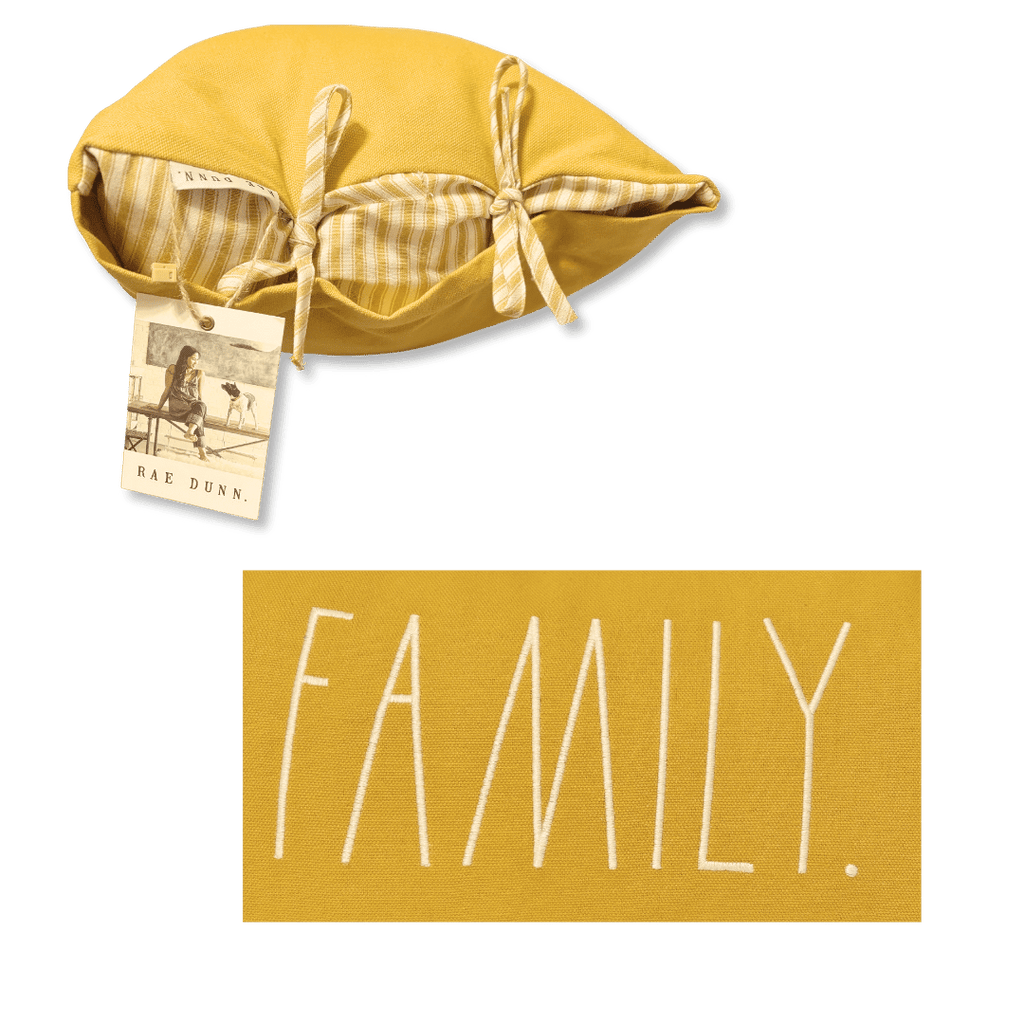Rae Dunn Embroidered "Family" Throw Pillow. &nbsp;Measures 14" x 22" with 2 ties on the sides and pop of design with stripped sides. Farmhouse style yellow family pillow. Shabby chic family throw pillow.