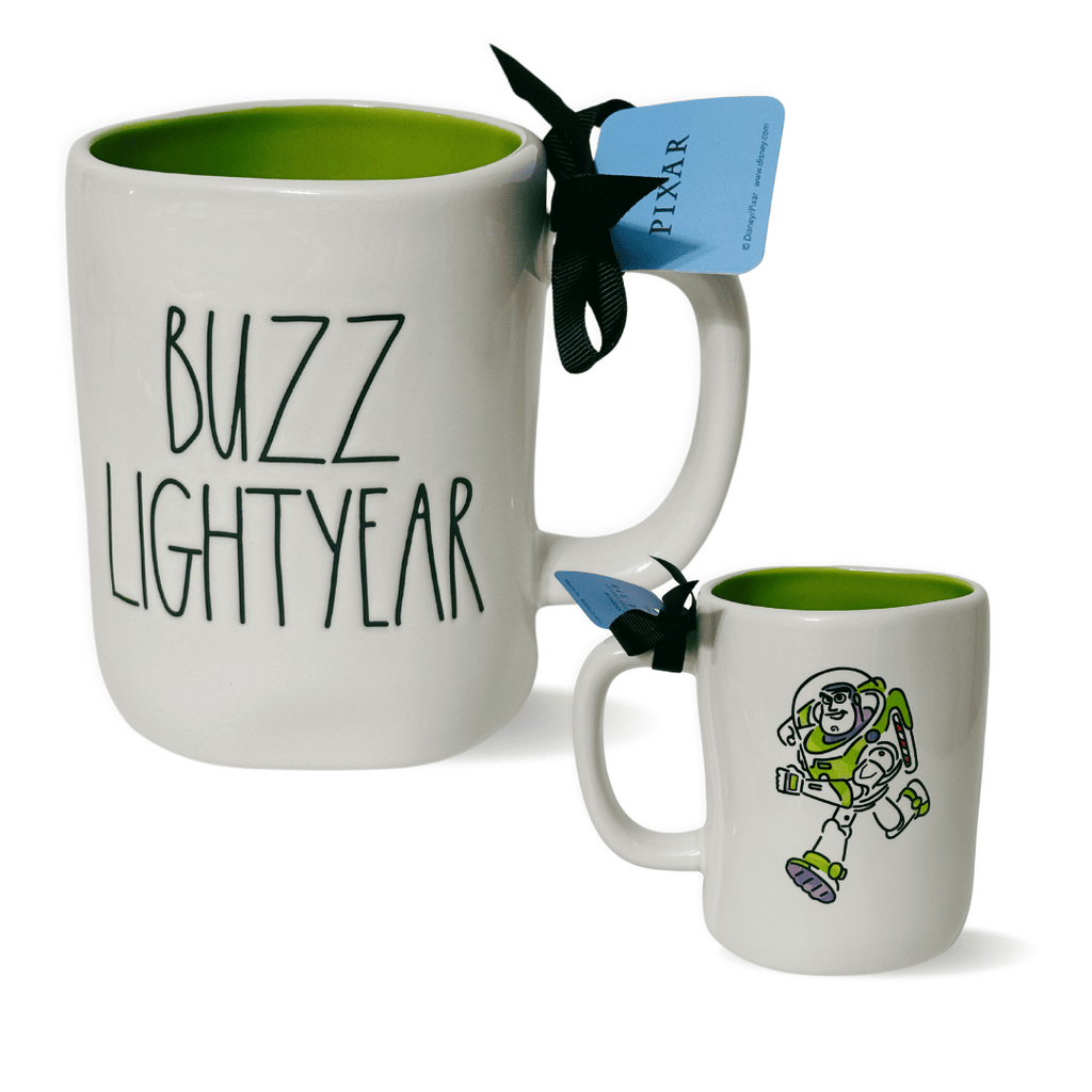 The Disney Collection by Rae Dunn features this Toy Story addition to the coffee mugs. &nbsp;Rae Dunn's classic artisan writing Buzz Lightyear with the addition of Buzz in action on the reverse side. &nbsp;