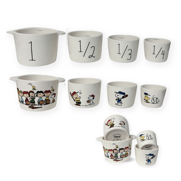Batter up! &nbsp;Get ready to hit a home run in your kitchen with the brand new Rae Dunn x Peanuts Baseball Measuring Cups, featuring charming illustrations on one side and Rae Dunn's signature numbered design on the other. &nbsp;Perfect gift for any Peanuts Lover!