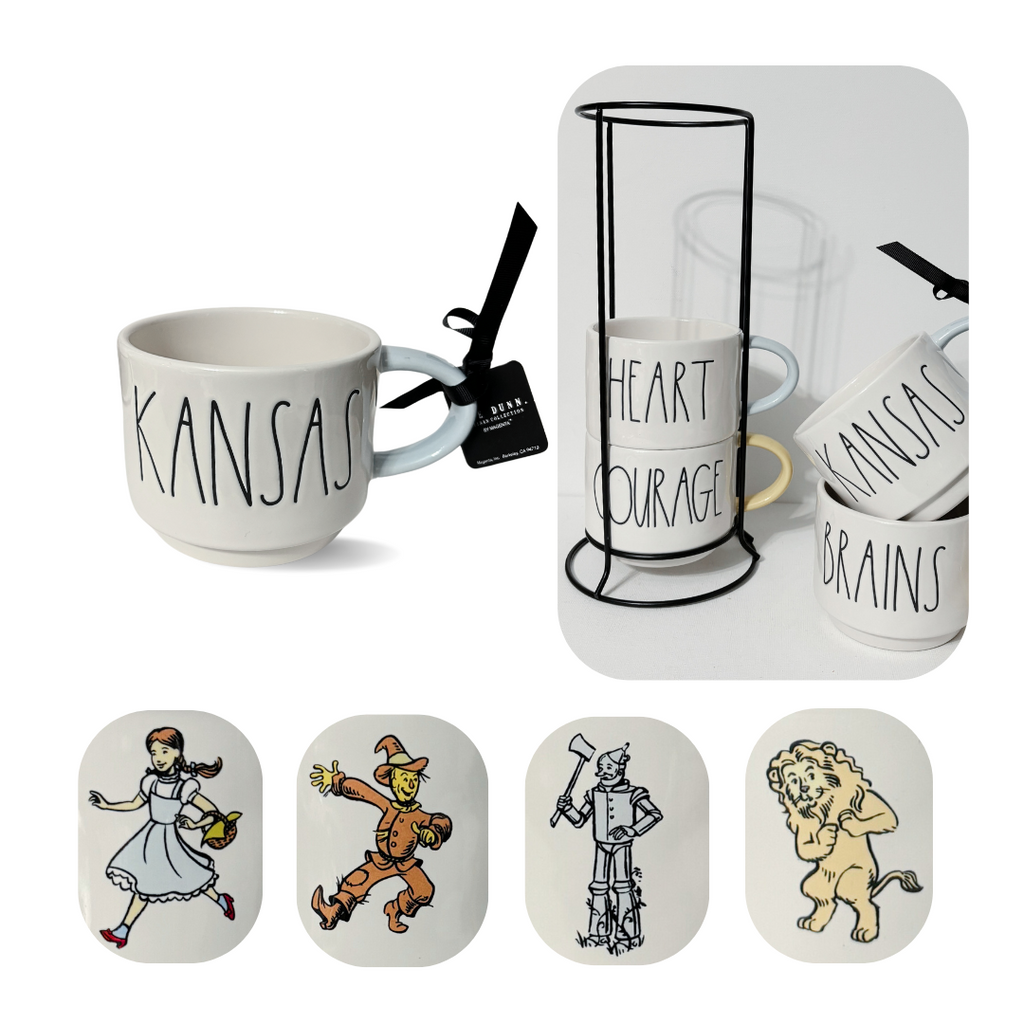 Rae Dunn’s Wizard of Oz™ Collaboration Mug Stacker. &nbsp;Each mug is made of quality stoneware and features a fun portrait of your favorite Wizard of Oz™ Characters on the back. &nbsp;Kansas with Dorothy Gale, Brains with Scarecrow, Heart with The Tin Man, and Courage with The Cowardly Lion. &nbsp;Beautiful set for those who adore this classic tale.