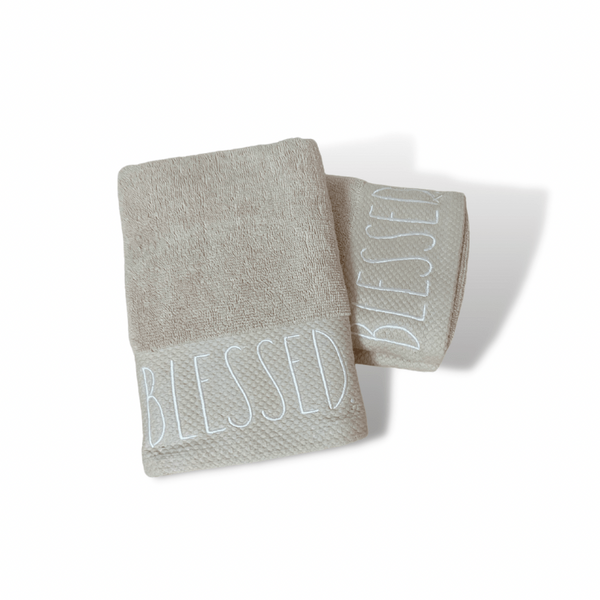 Rae Dunn Bath Towels & Washcloths Hand Towel - Blessed Embroidered Beige Towel Set BLESSED Rae Dunn | Farmhouse Style Bathroom Towels