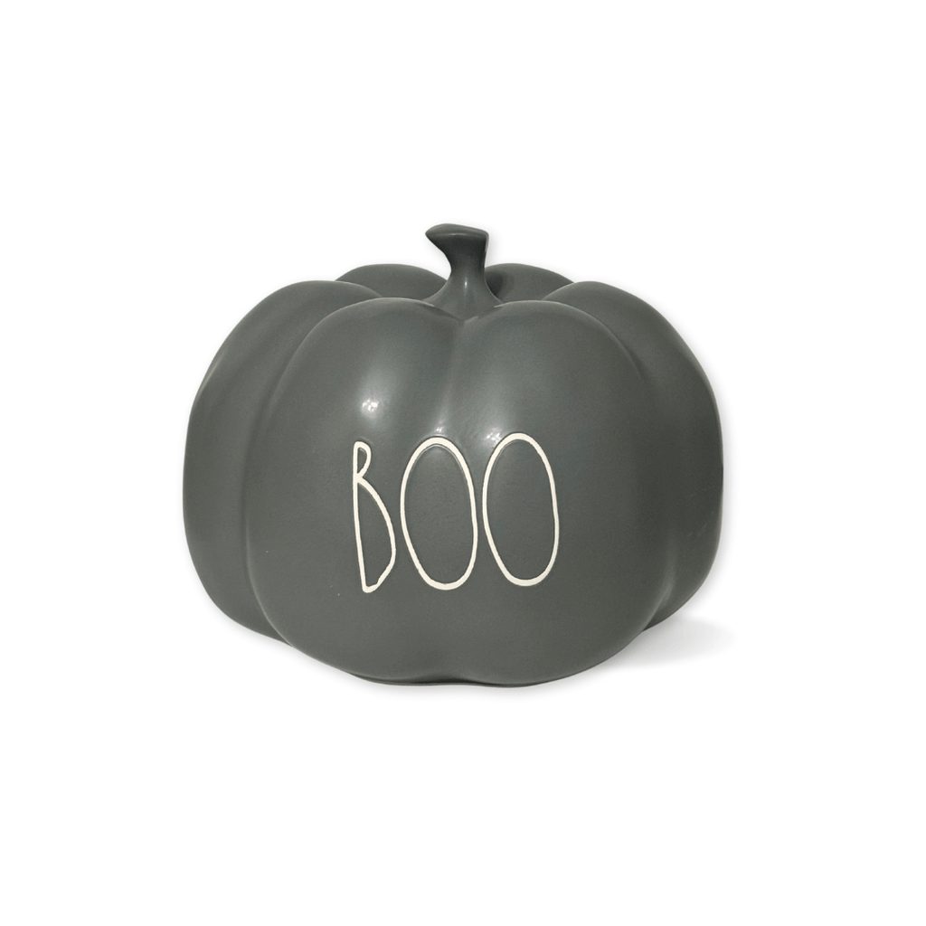 Rae Dunn Ceramic Halloween Pumpkins, Ceramic pumpkin decorations, farmhouse halloween ideas, pumpkin door stopper. Cute stoneware pumpkins for halloween.  Rae Dunn Grey Boo Pumpkin