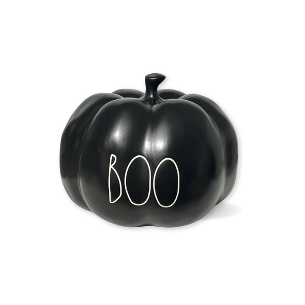 Rae Dunn Ceramic Halloween Pumpkins, Ceramic pumpkin decorations, farmhouse halloween ideas, pumpkin door stopper. Cute stoneware pumpkins for halloween.  Rae Dunn Black Boo Pumpkin