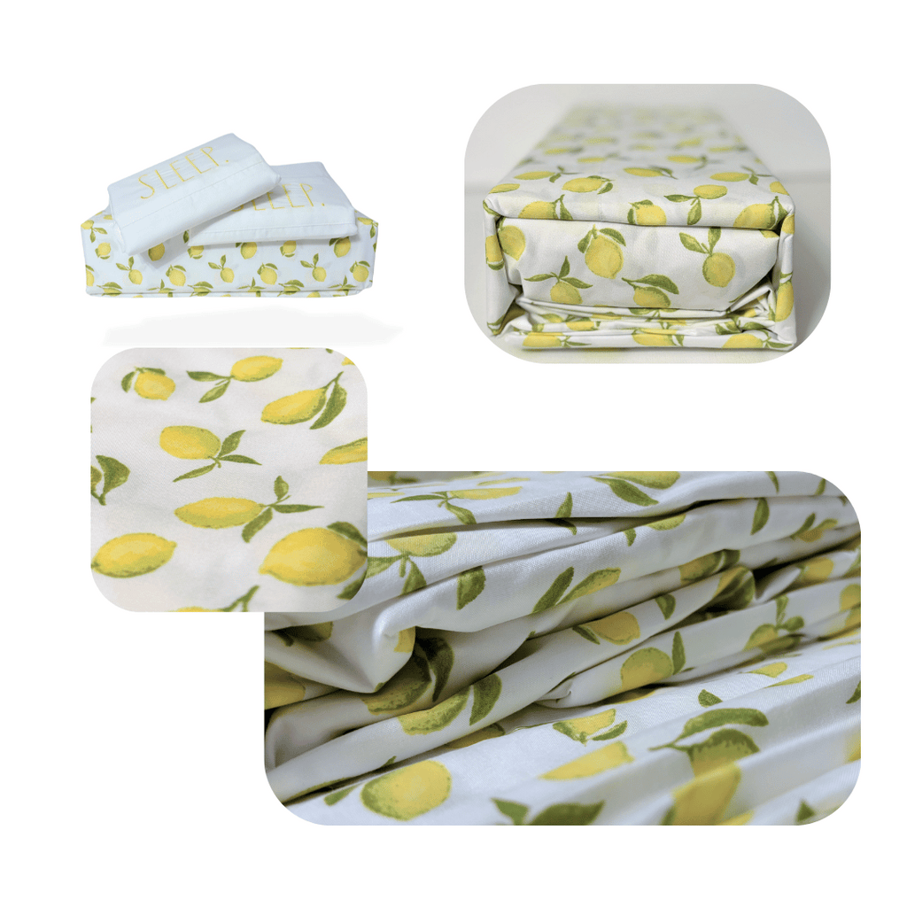 Transform your bedroom into a vibrant and inviting farmhouse oasis with the white Rae Dunn Sleep Sheet Set. Featuring beautiful lemon artwork and embroidered with the word "Sleep" in cheerful yellow, this farmhouse bedding set adds a burst of color to your space. 