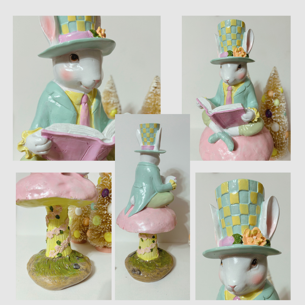 Experience the whimsy and charm of this Vintage Inspired 15" Mad Hatter Sitting on Mushroom. Raz imports style mad hatter, Resin Mad Hatter on mushroom.