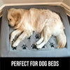 Dog lying on a gray dog bed with paw prints, text 'Perfect for Dog Beds' below.