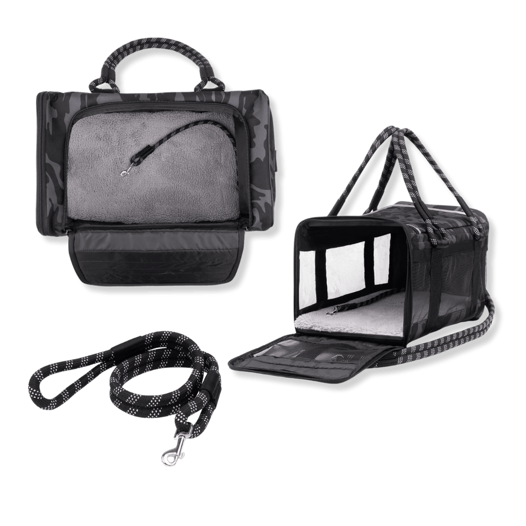 Roverlund Out of Office Pet Carrier, Heavy Duty Pet Carrier and Bed All in one.  Featuring an innovative 3-in-1 design, this soft-sided pet carrier is airline compliant, an everyday travel bag, and a mobile dog or cat bed—plus, it comes with a bonus leash. 