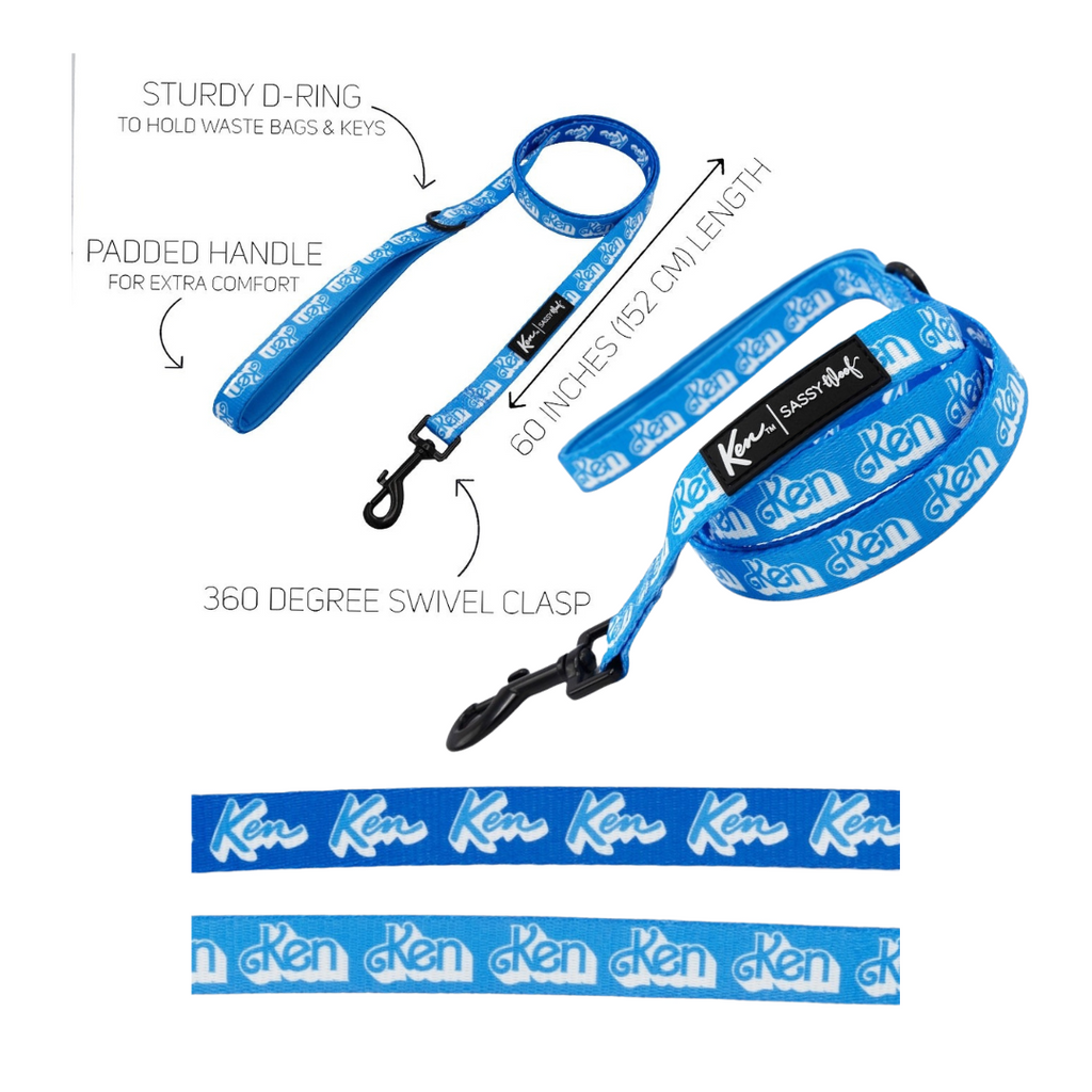©2024 Mattel x Sassy Woof Ken Sailor Bow, Poop Bag Holder, and Leash -Dog Sailor Bow - KEN™: Velcro straps to wrap over the collar and stay upright * Measures 5" x 4.5" | Black clasp to clip onto your leash or bag | Small zipper pull | Measures 3" x 2.5" x 2" KEN™ Leash: 60" in length and 0.8" in width | Padded with neoprene handle for extra comfort for the humans | Sturdy D-Ring at the base of the handle to hold waste bags and keys
