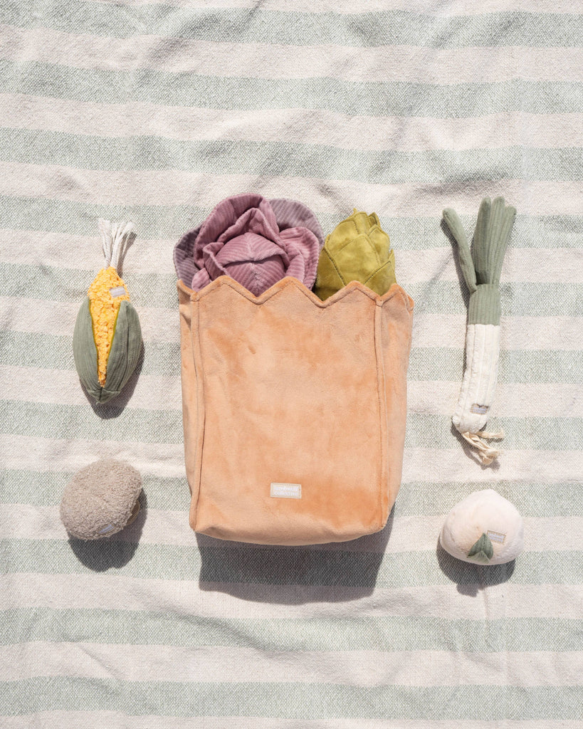 Peach-colored bag with plush vegetable dog toys on a striped fabric background