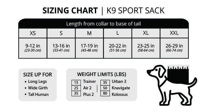 Sizing chart for K9 Sport Sack with measurements and weight limits.